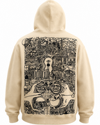 A cream-colored pullover hoodie shown from the back, featuring a large, detailed black line art graphic of a face with goggles and musical instruments.