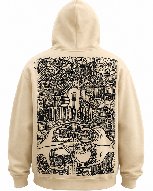 A cream-colored pullover hoodie shown from the back, featuring a large, detailed black line art graphic of a face with goggles and musical instruments.